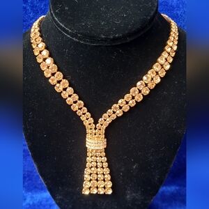 Elegant Gold Austrian Double Strand Crystal Tassel Necklace 16"